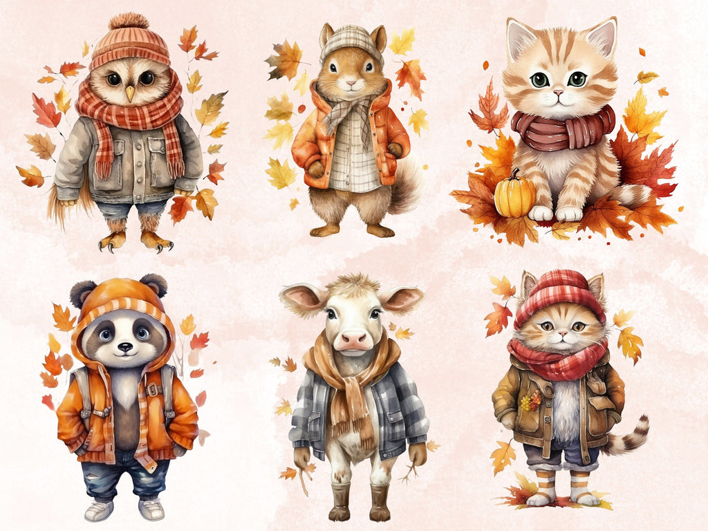 55 PNG Watercolor Fall Animals Bundle Clipart, Cute Autumn Animal Illustrations Clip art, Nursery Autumn png, Fall Baby Shower Sublimation