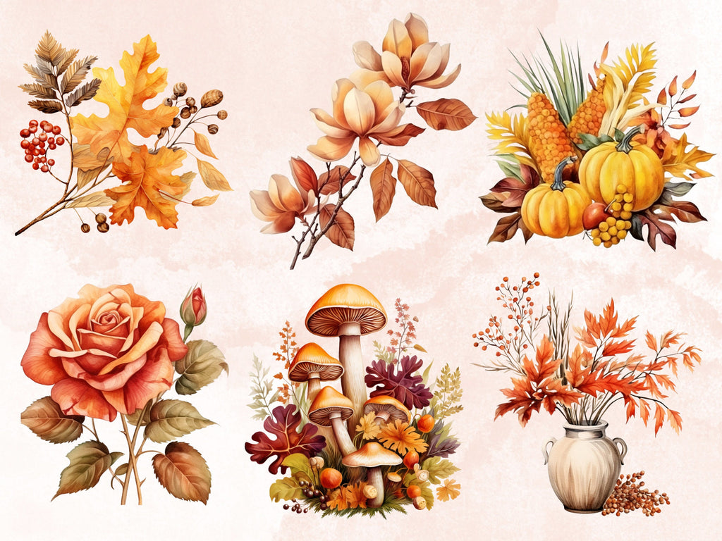 45 PNG Watercolor Fall Botanical Clipart, Autumn Flowers Illustrations Clip art, Floral Fall Mushroom png, Autumn Leaves Foliage Sublimation