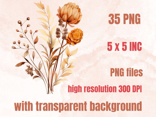 35 PNG Watercolor Fall Dried Flowers Clipart, Autumn Boho Wildflowers Illustrations Clip art, Fall Bouquets png, Autumn wedding invitation