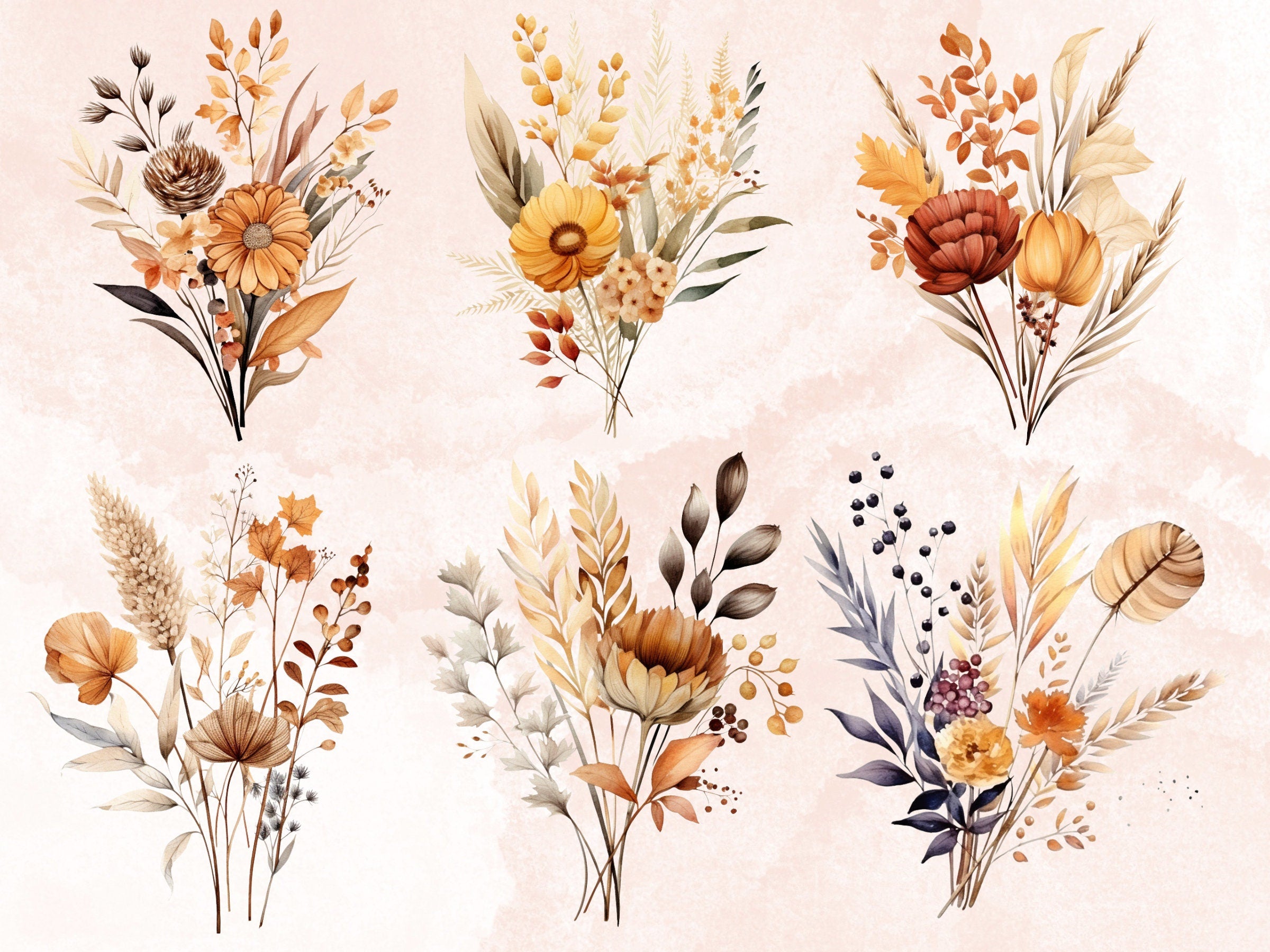 35 PNG Watercolor Fall Dried Flowers Clipart, Autumn Boho Wildflowers Illustrations Clip art, Fall Bouquets png, Autumn wedding invitation