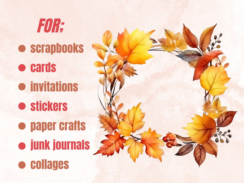 30 PNG Watercolor Fall Wreath Clipart, Floral Autumn Frames Illustrations Clip art, Fall Border png, Autumn Pumpkin Foliage Sublimation