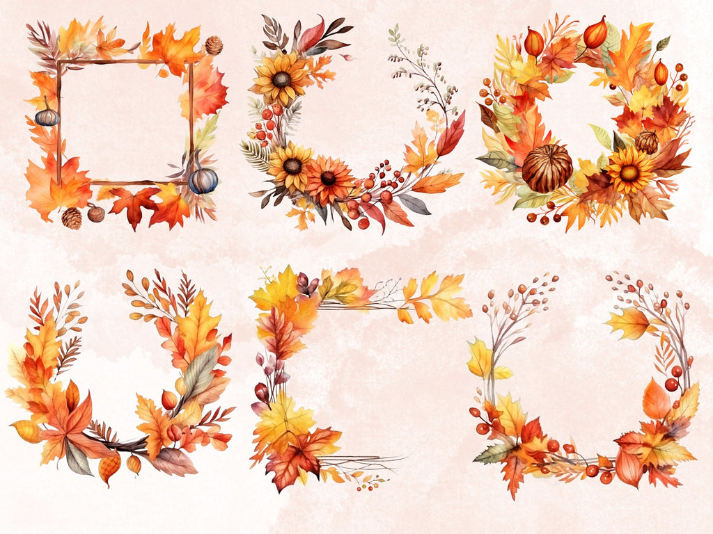 30 PNG Watercolor Fall Wreath Clipart, Floral Autumn Frames Illustrations Clip art, Fall Border png, Autumn Pumpkin Foliage Sublimation
