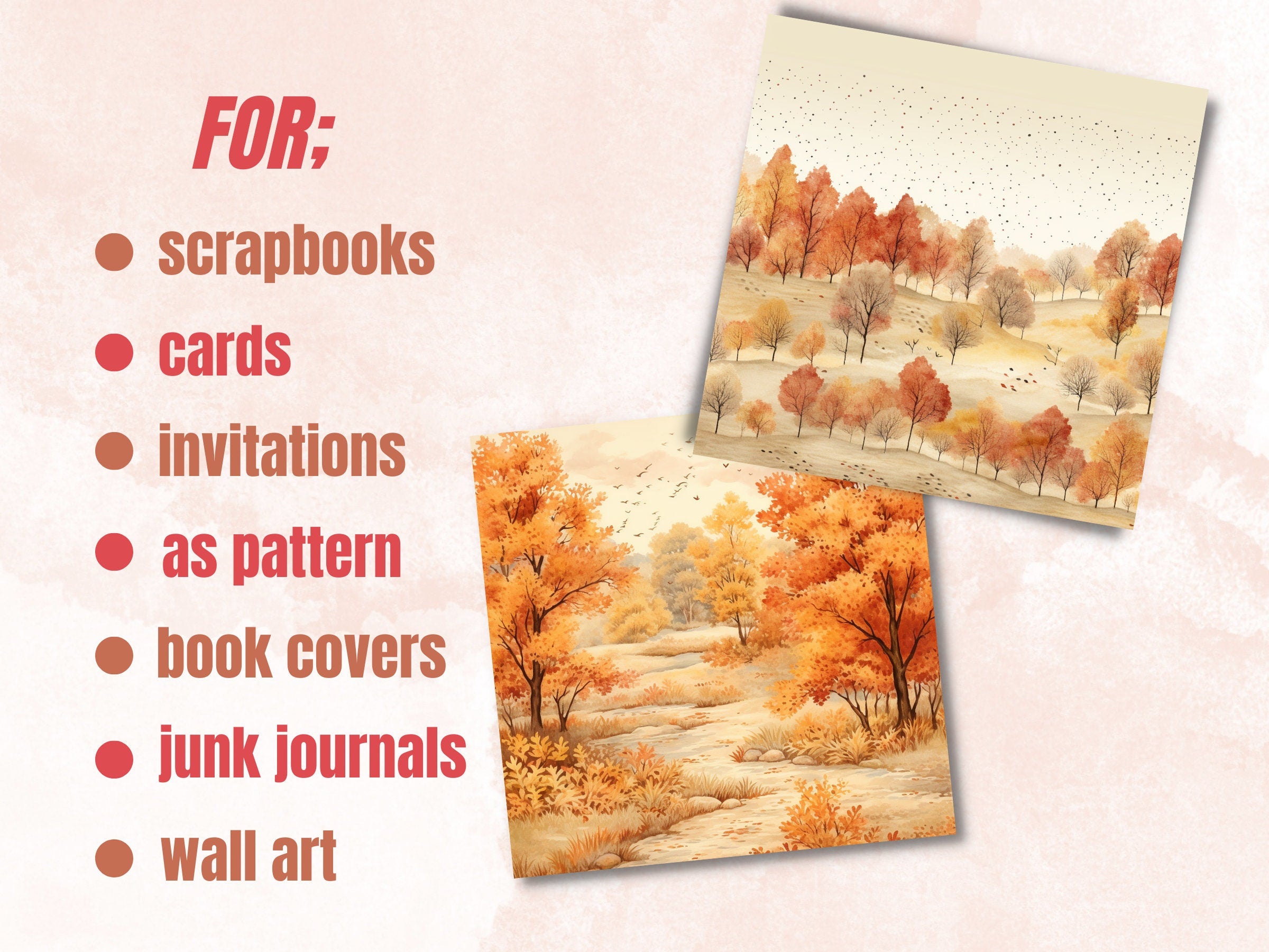 Printable Watercolor Fall Landscape Paper, Cozy Autumn Ephemera, Fall Forest Scenes Pages, Download Junk Journal, Scrapbooking, Card Making