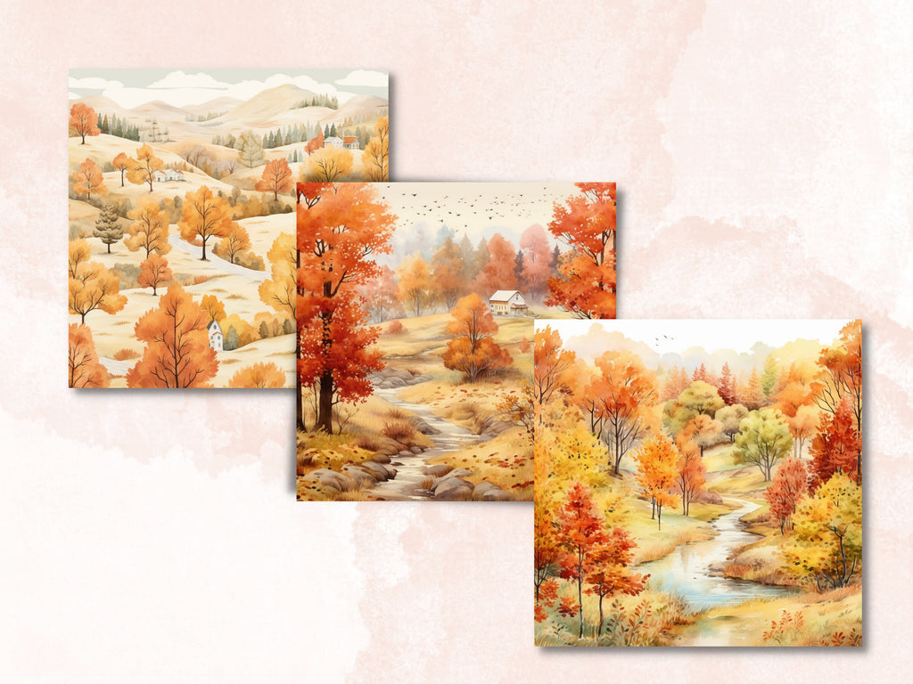 Printable Watercolor Fall Landscape Paper, Cozy Autumn Ephemera, Fall Forest Scenes Pages, Download Junk Journal, Scrapbooking, Card Making