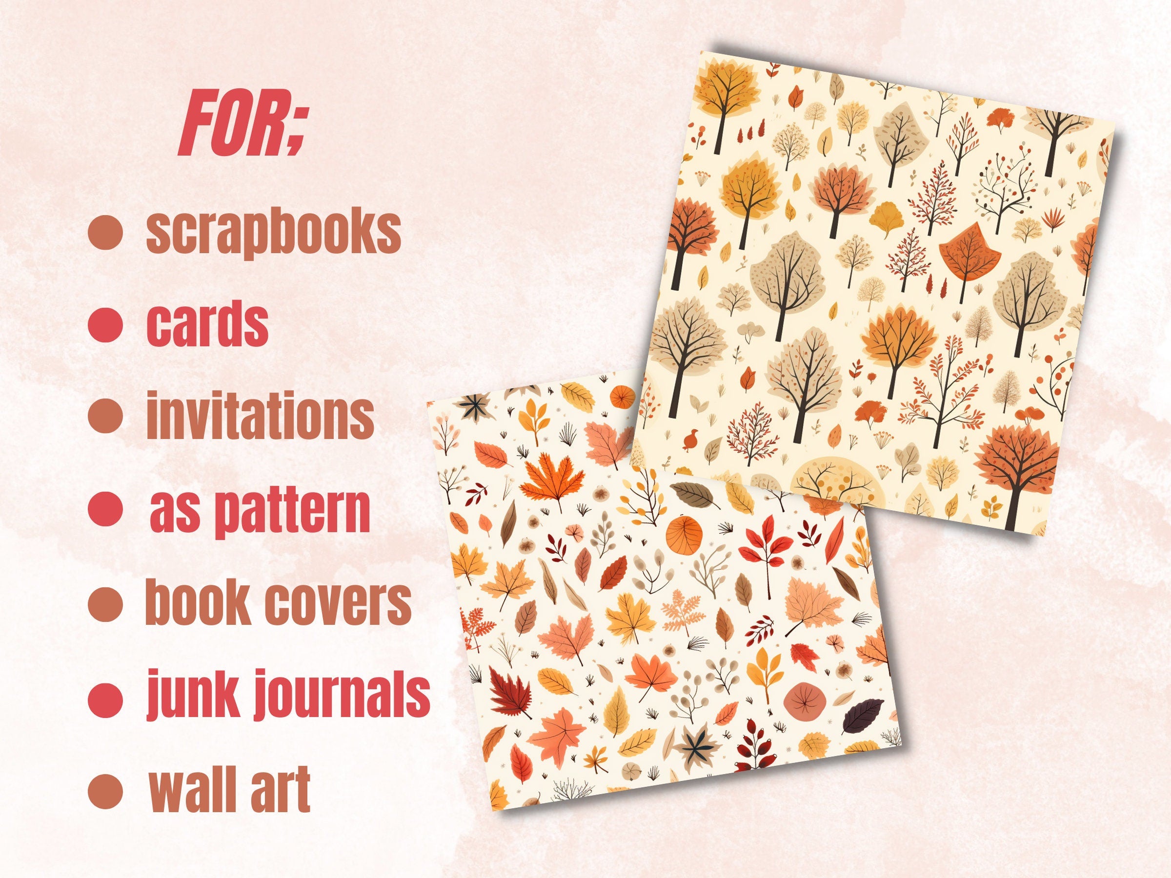 Printable Cute Fall Paper, Kawaii Autumn Forest Ephemera, Rustic Cozy Fall Leaves Pages, Download Junk Journal, Scrapbooking, Card Making