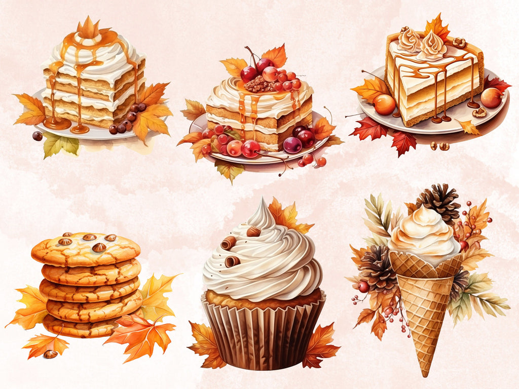 40 PNG Watercolor Fall Dessert Clipart, Autumn Dessert Illustrations Clip art, Pumpkin Spice png, Cozy Autumn Sweet Treats Sublimation