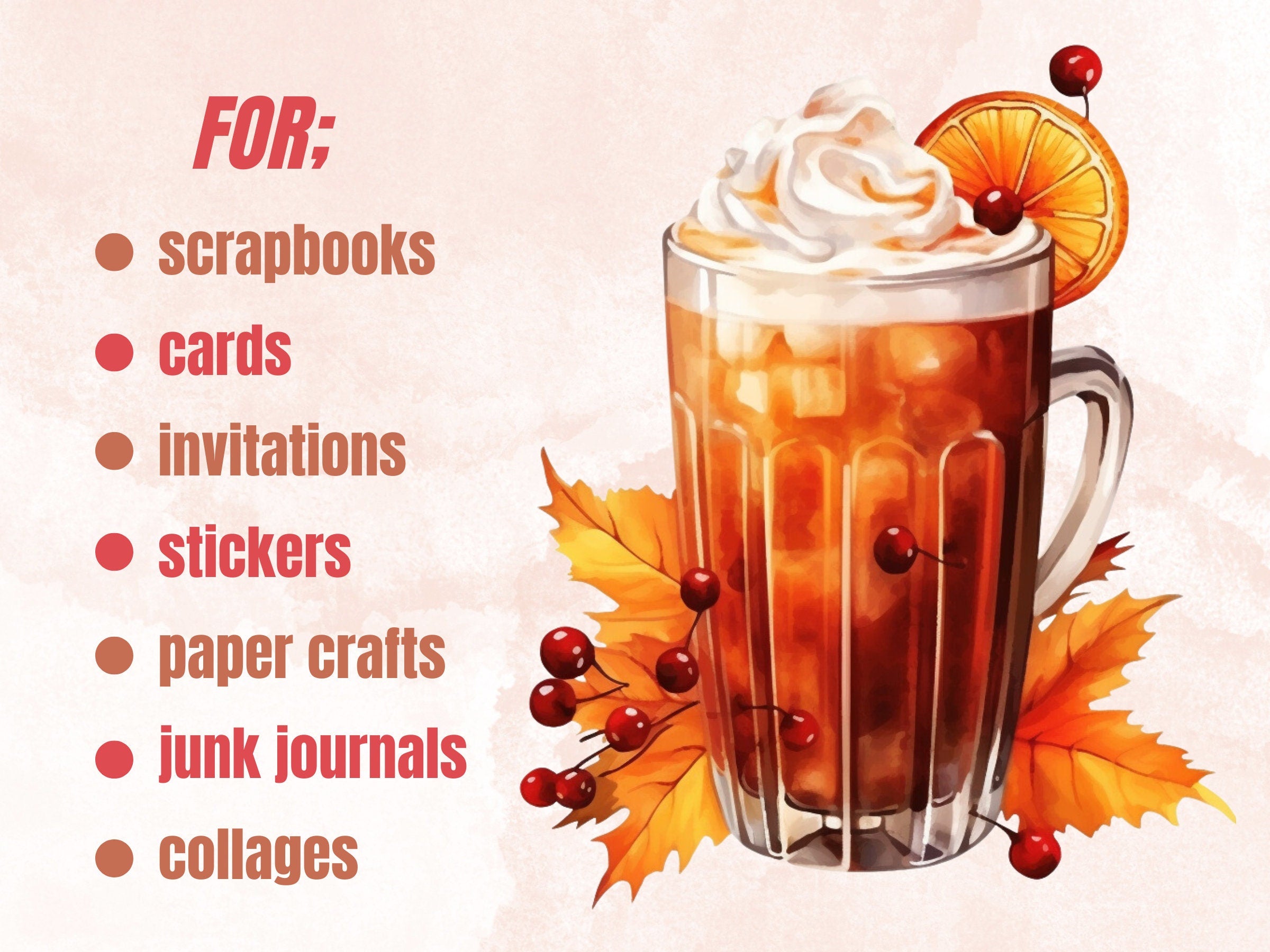 30 PNG Watercolor Fall Drink Clipart, Autumn Coffee Illustrations Clip art, Pumpkin Spice Latte png, Cozy Autumn Cocktail Treats Sublimation