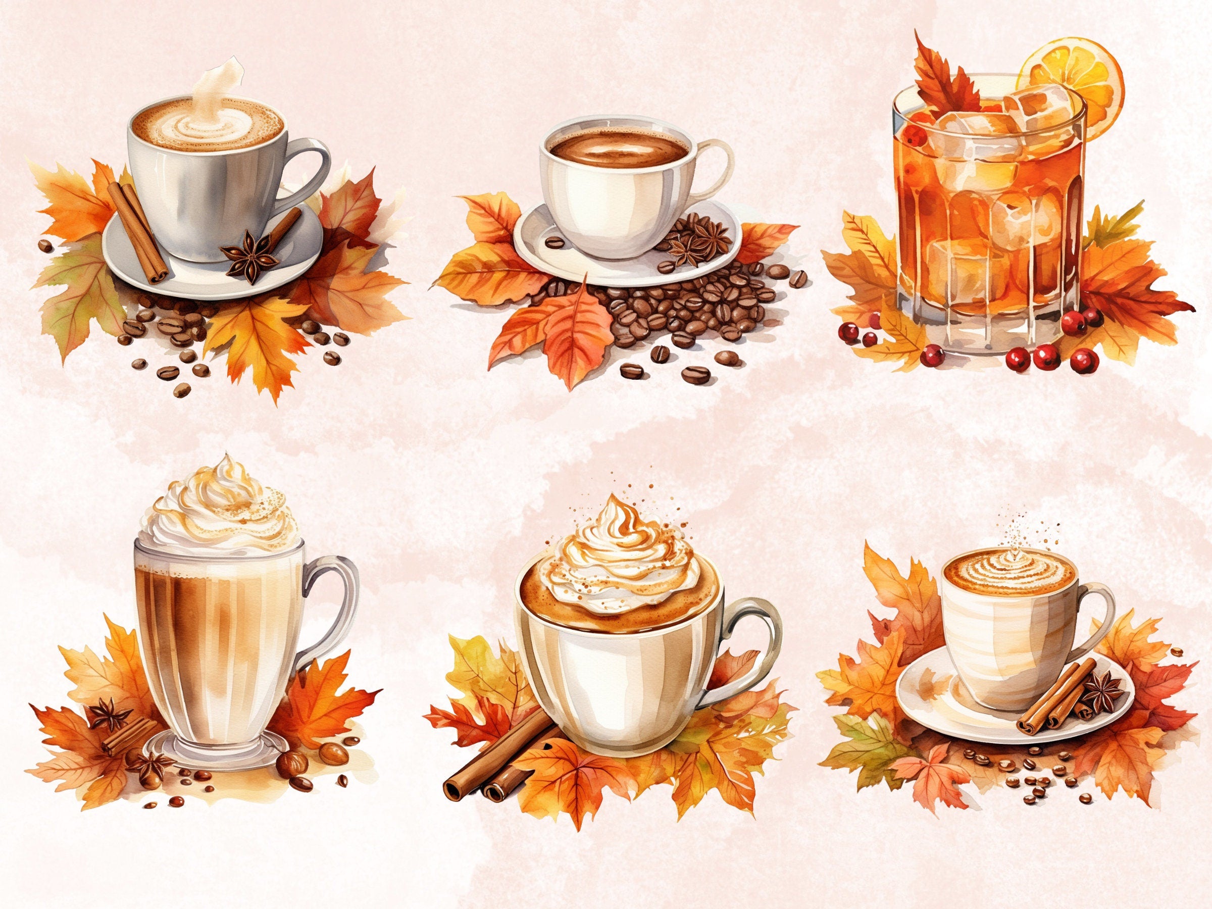 30 PNG Watercolor Fall Drink Clipart, Autumn Coffee Illustrations Clip art, Pumpkin Spice Latte png, Cozy Autumn Cocktail Treats Sublimation
