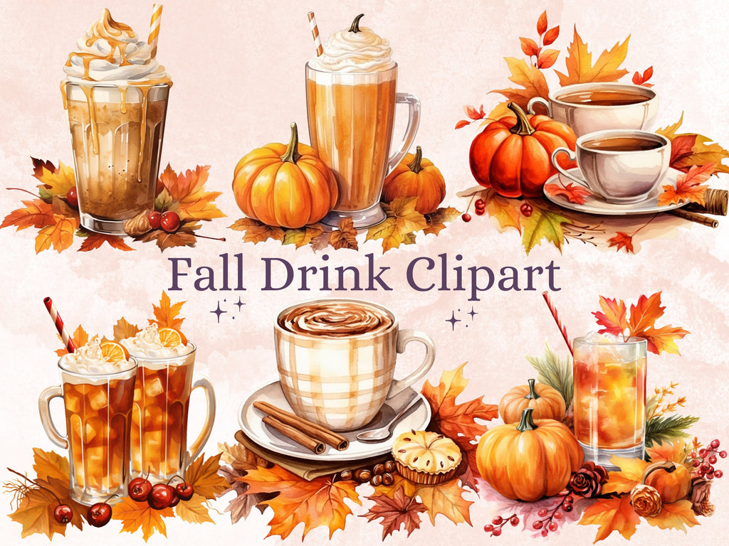 30 PNG Watercolor Fall Drink Clipart, Autumn Coffee Illustrations Clip art, Pumpkin Spice Latte png, Cozy Autumn Cocktail Treats Sublimation