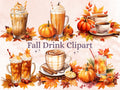 30 PNG Watercolor Fall Drink Clipart, Autumn Coffee Illustrations Clip art, Pumpkin Spice Latte png, Cozy Autumn Cocktail Treats Sublimation