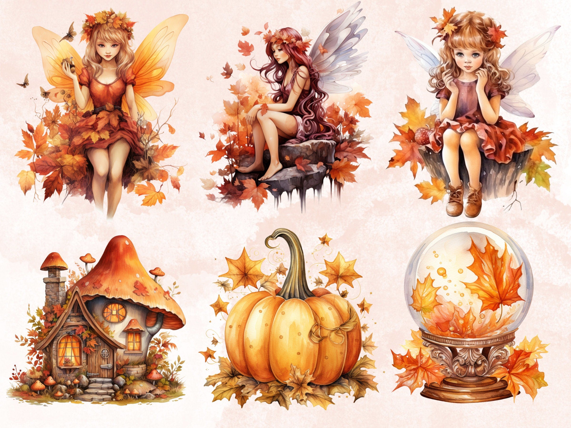 40 PNG Watercolor Fall Forest Fairy Clipart, Autumn Girls Illustrations Clip art, Pumpkin Fairy png, Fairytale Fantasy Autumn Sublimation