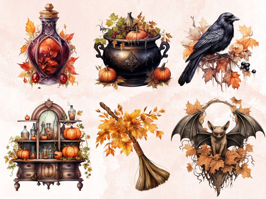 40 PNG Watercolor Fall Witch Clipart, Gothic Autumn Illustrations Clip art, Magic Pumpkin Witches png, Fantasy Autumn Witchcraft Sublimation