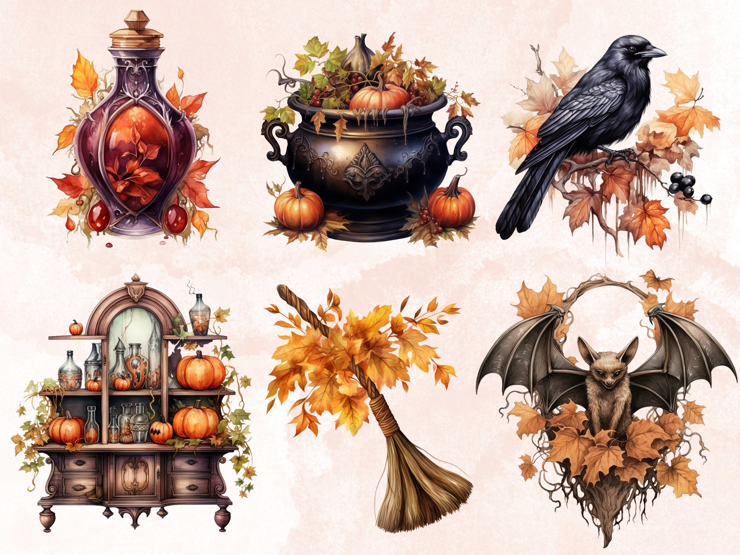 40 PNG Watercolor Fall Witch Clipart, Gothic Autumn Illustrations Clip art, Magic Pumpkin Witches png, Fantasy Autumn Witchcraft Sublimation