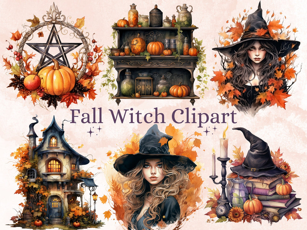 40 PNG Watercolor Fall Witch Clipart, Gothic Autumn Illustrations Clip art, Magic Pumpkin Witches png, Fantasy Autumn Witchcraft Sublimation