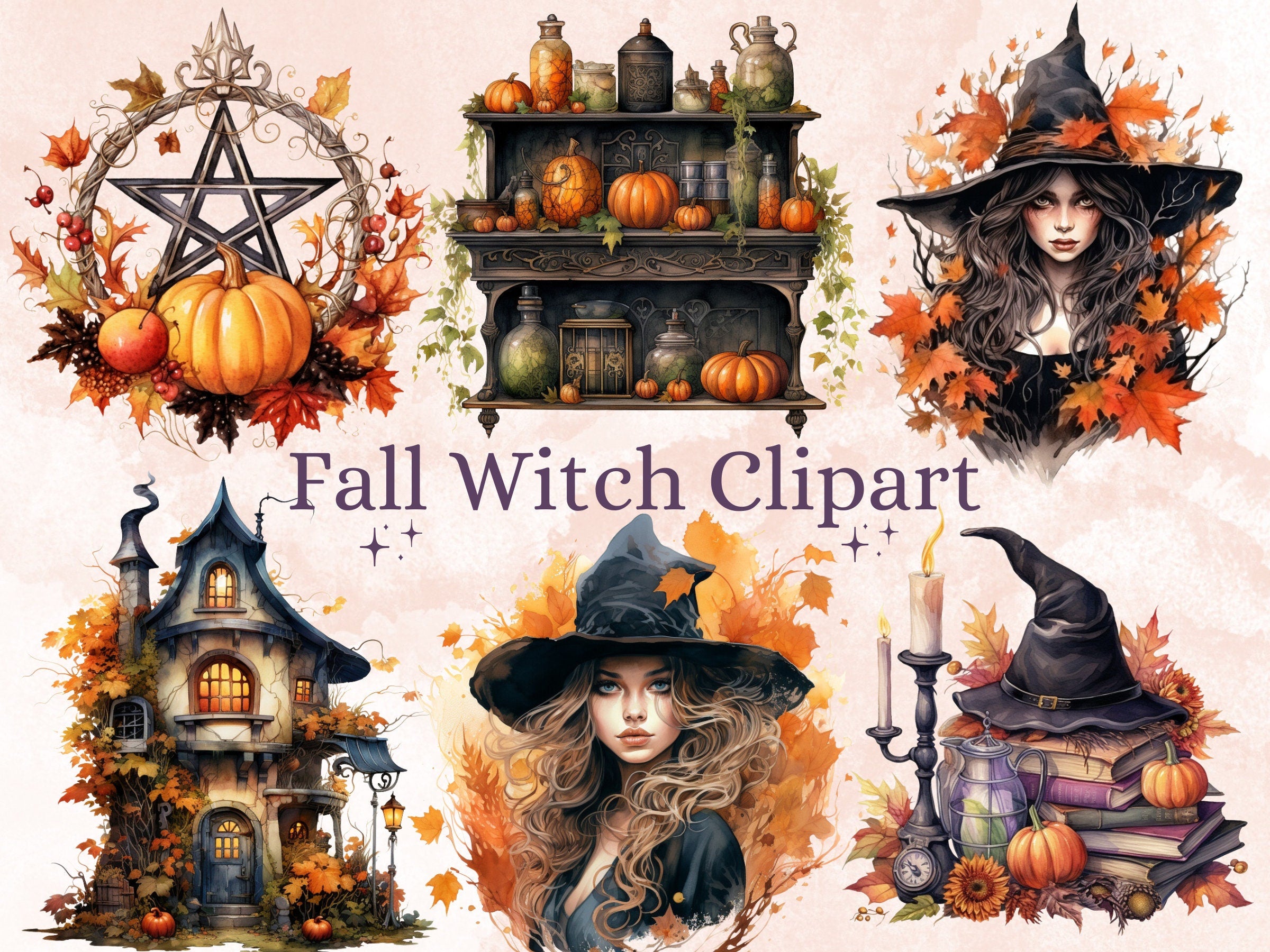 40 PNG Watercolor Fall Witch Clipart, Gothic Autumn Illustrations Clip art, Magic Pumpkin Witches png, Fantasy Autumn Witchcraft Sublimation