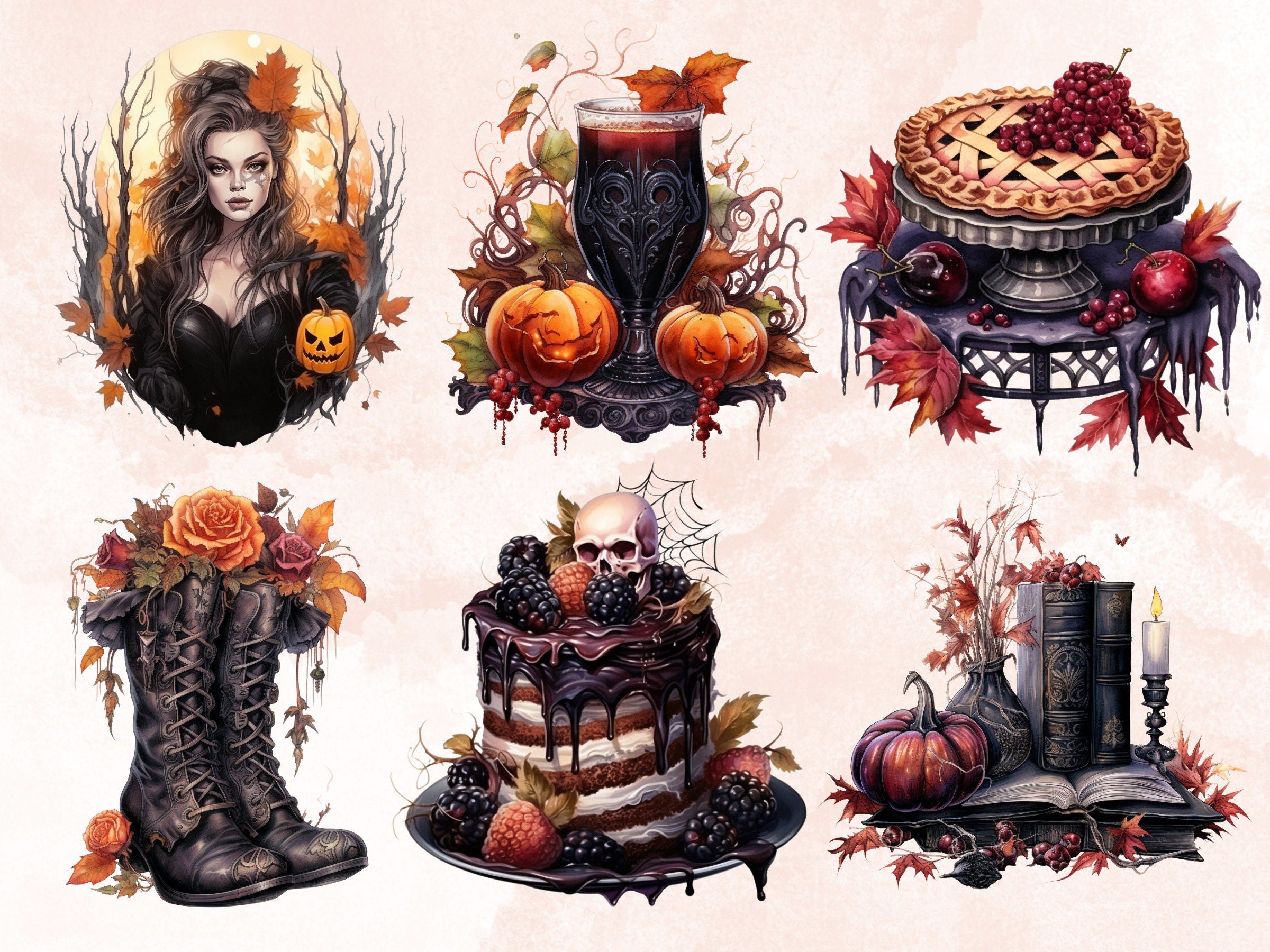 45 PNG Watercolor Gothic Fall Clipart Bundle , Creepy Autumn Pumpkin Illustrations Clip art, Spooky Fall png, Fantasy Autumn Sublimation