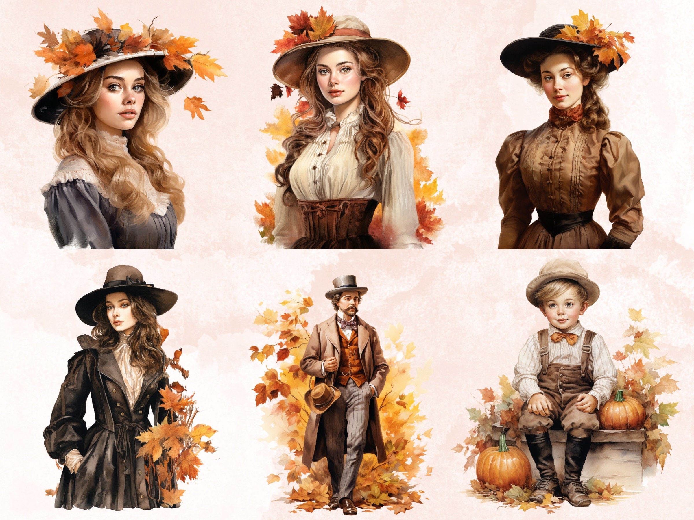 40 PNG Watercolor Victorian Fall Clipart Bundle, Vintage Rustic Autumn Pumpkin Illustrations Clip art, Retro Fall png, Autumn Sublimation