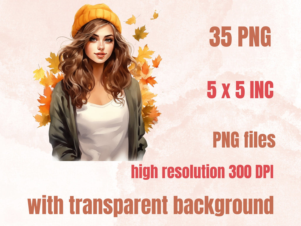 35 PNG Watercolor Fall Beauties Clipart Bundle, Cozy Autumn Lady Illustrations Clip art, Fall Woman png, Autumn Fashion Girl Sublimation