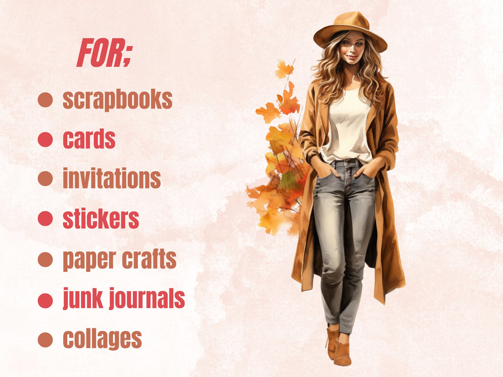 35 PNG Watercolor Fall Beauties Clipart Bundle, Cozy Autumn Lady Illustrations Clip art, Fall Woman png, Autumn Fashion Girl Sublimation
