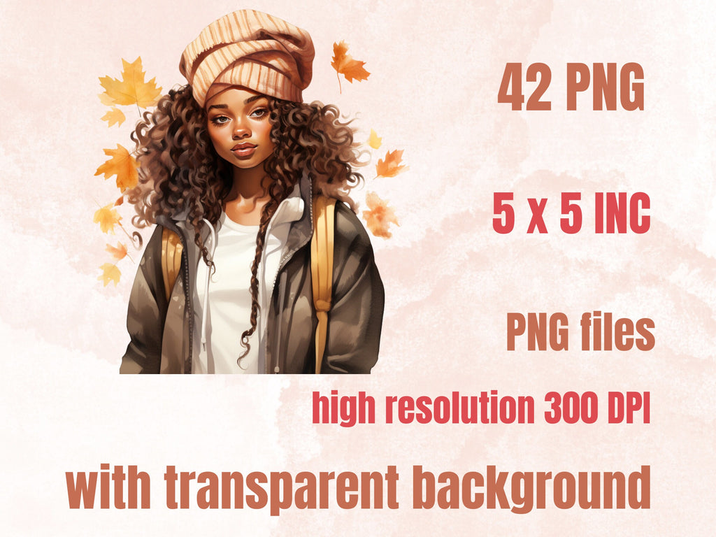 42 PNG Watercolor Fall Black Beauties Clipart Bundle,  Autumn Afro Illustrations Clip art, Fall Woman png, Autumn African Girl Sublimation