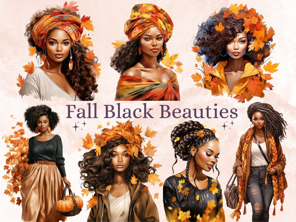 42 PNG Watercolor Fall Black Beauties Clipart Bundle,  Autumn Afro Illustrations Clip art, Fall Woman png, Autumn African Girl Sublimation
