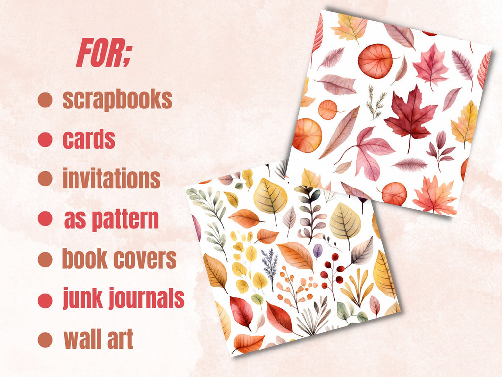 Seamless Watercolor Fall Leaves Digital Paper Pack, Autumn Leaves Seamless Pattern, Fall Floral Autumn Background, Fantasy Scrapbook Papers