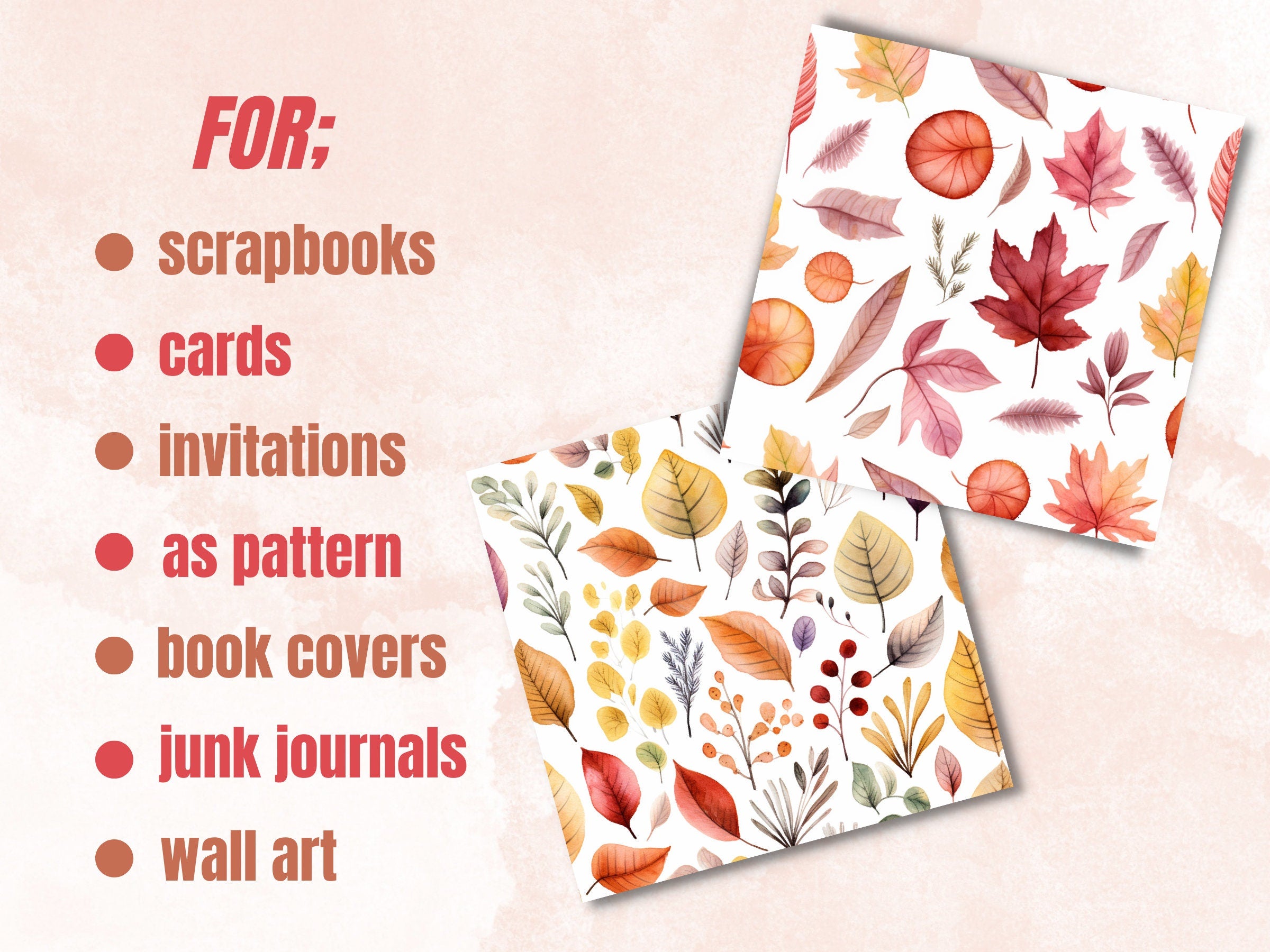 Seamless Watercolor Fall Leaves Digital Paper Pack, Autumn Leaves Seamless Pattern, Fall Floral Autumn Background, Fantasy Scrapbook Papers