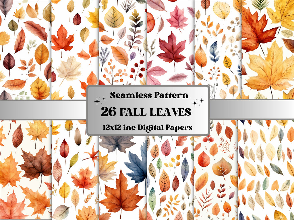 Seamless Watercolor Fall Leaves Digital Paper Pack, Autumn Leaves Seamless Pattern, Fall Floral Autumn Background, Fantasy Scrapbook Papers