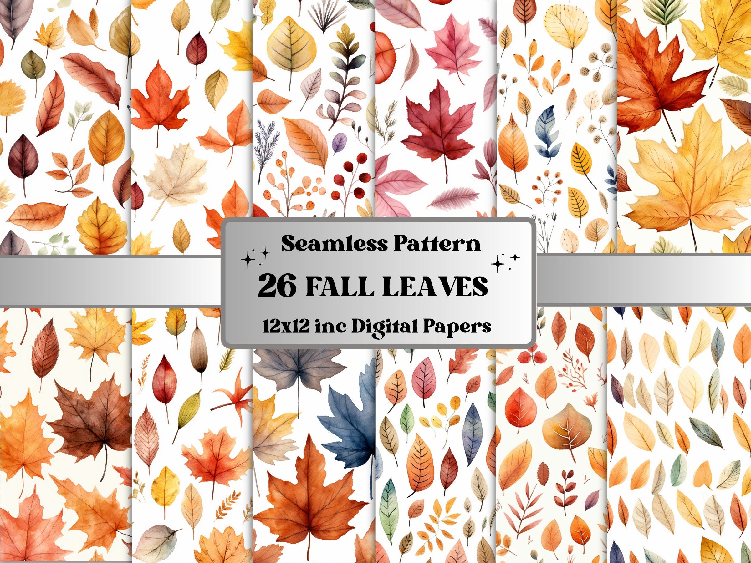 Seamless Watercolor Fall Leaves Digital Paper Pack, Autumn Leaves Seamless Pattern, Fall Floral Autumn Background, Fantasy Scrapbook Papers