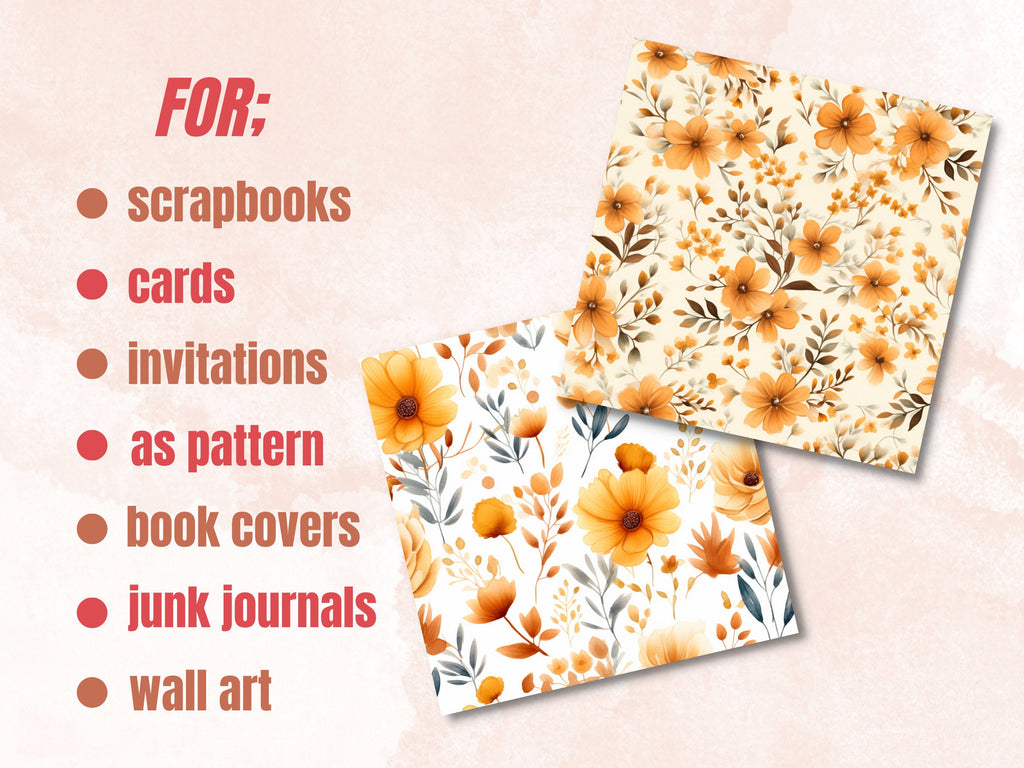 Seamless Watercolor Fall Flowers Digital Paper Pack, Autumn Leaves Seamless Pattern, Fall Floral Autumn Background, Fantasy Scrapbook Papers