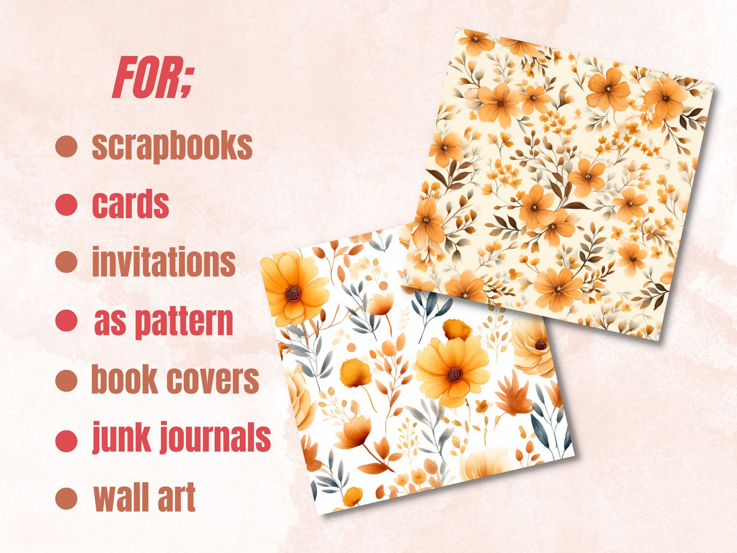 Seamless Watercolor Fall Flowers Digital Paper Pack, Autumn Leaves Seamless Pattern, Fall Floral Autumn Background, Fantasy Scrapbook Papers