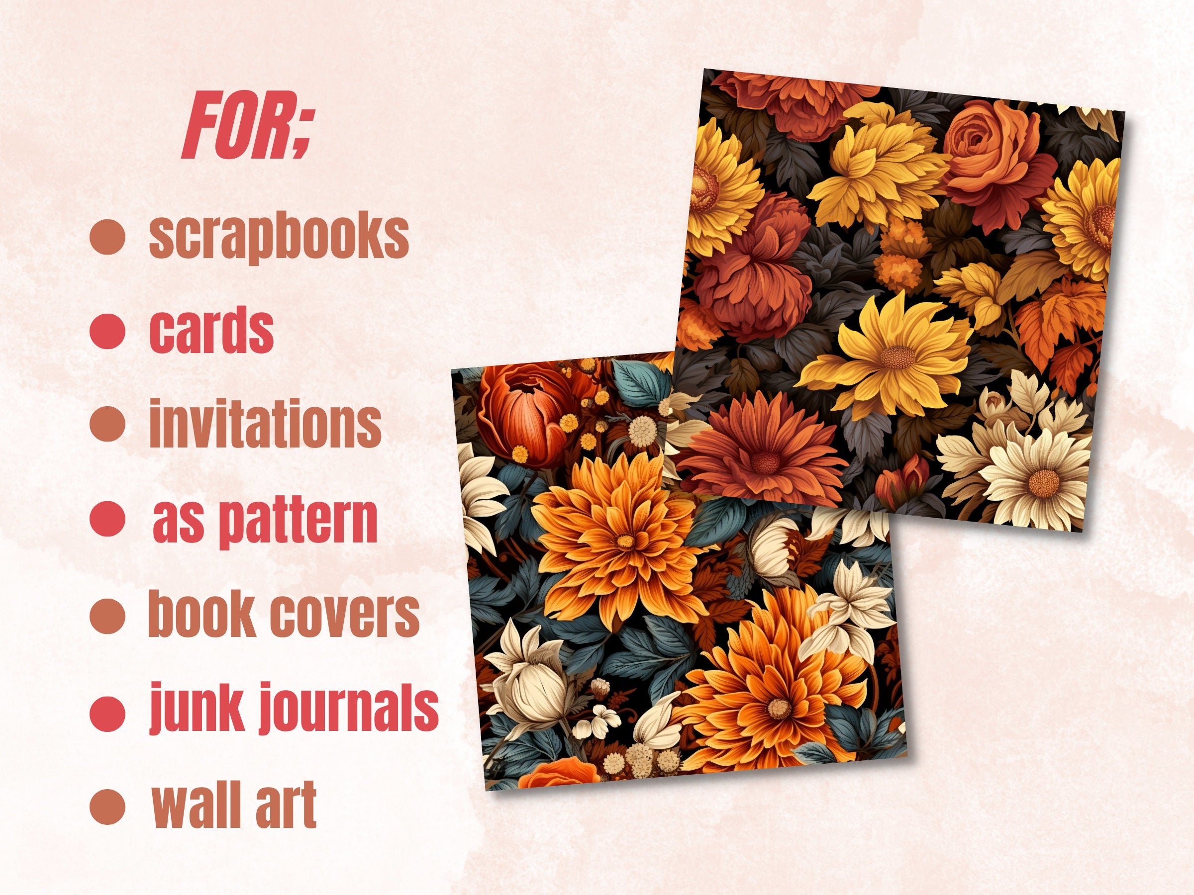 Seamless Fall Botanical Flowers Digital Paper Pack, Autumn Leaves Seamless Pattern, Fall Floral Autumn Background, Fantasy Scrapbook Papers