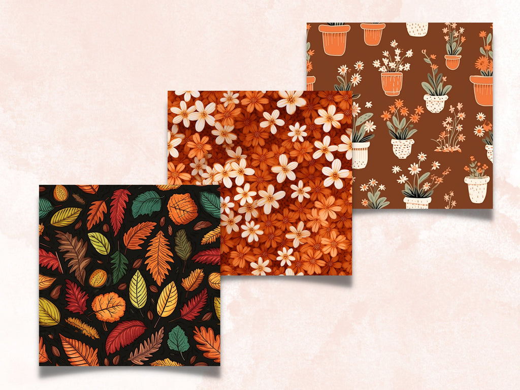 Seamless Fall Botanical Flowers Digital Paper Pack, Autumn Leaves Seamless Pattern, Fall Floral Autumn Background, Fantasy Scrapbook Papers
