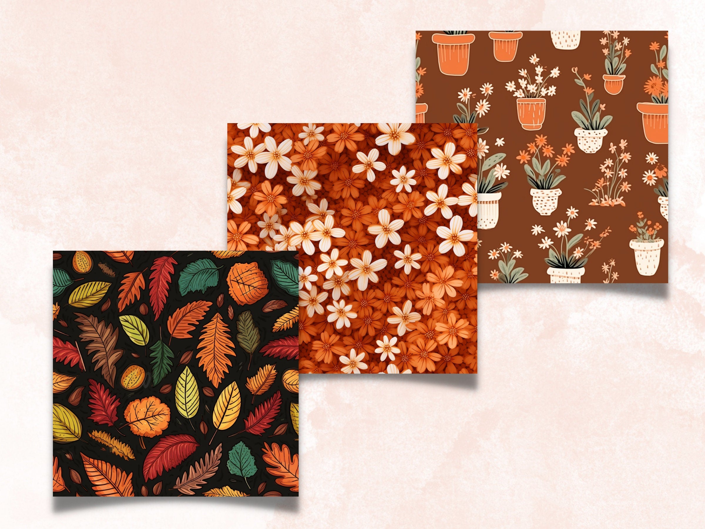 Seamless Fall Botanical Flowers Digital Paper Pack, Autumn Leaves Seamless Pattern, Fall Floral Autumn Background, Fantasy Scrapbook Papers
