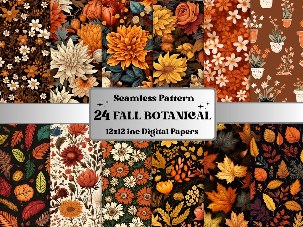 Seamless Fall Botanical Flowers Digital Paper Pack, Autumn Leaves Seamless Pattern, Fall Floral Autumn Background, Fantasy Scrapbook Papers