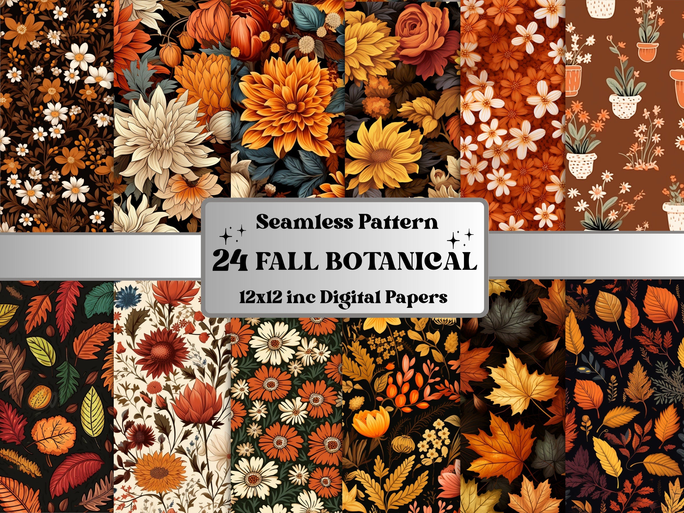 Seamless Fall Botanical Flowers Digital Paper Pack, Autumn Leaves Seamless Pattern, Fall Floral Autumn Background, Fantasy Scrapbook Papers
