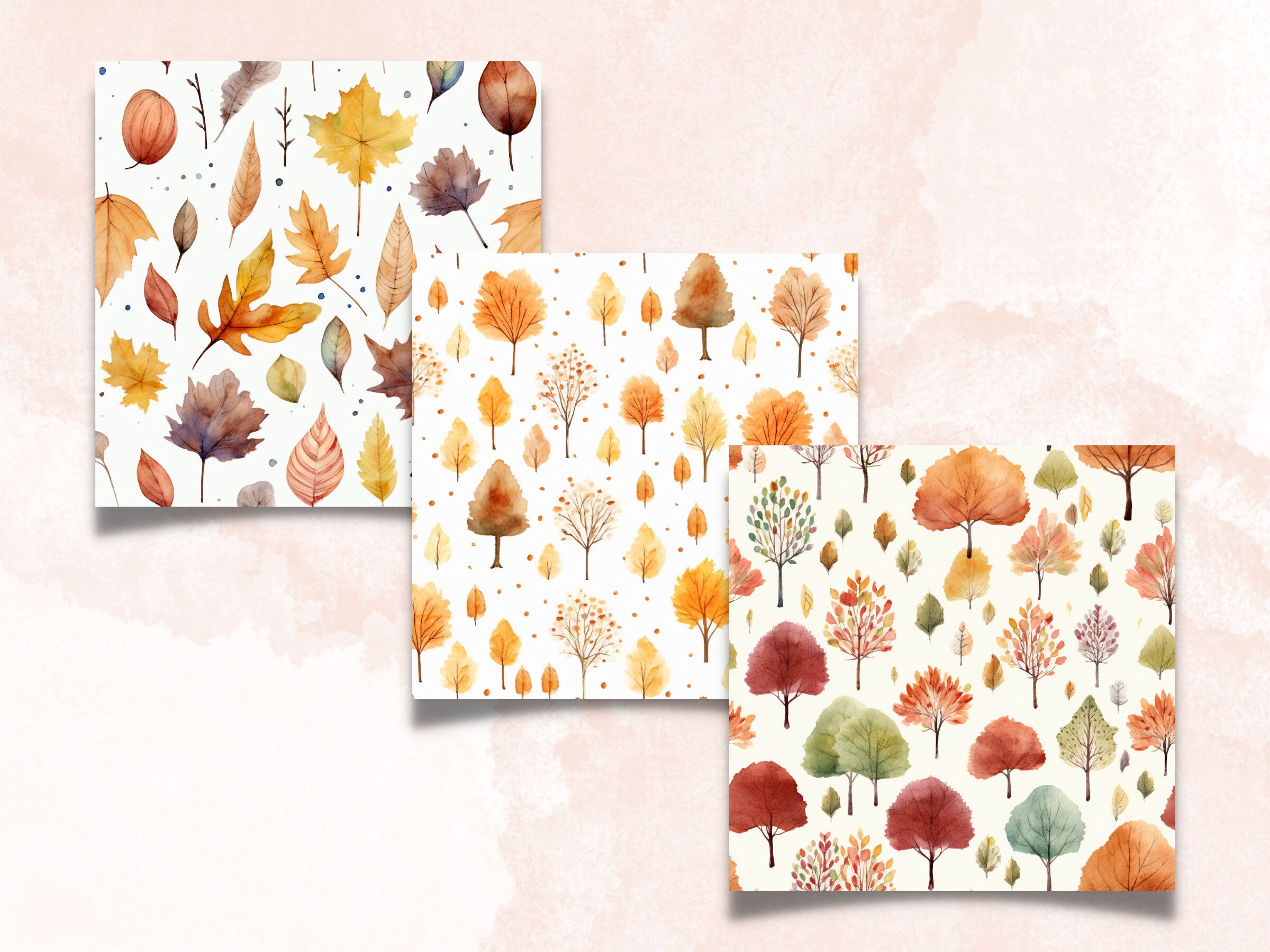 Seamless Watercolor Fall Digital Paper Pack, Cute Autumn Seamless Pattern, Fall Floral Autumn Leaves Background, Fantasy Scrapbook Papers