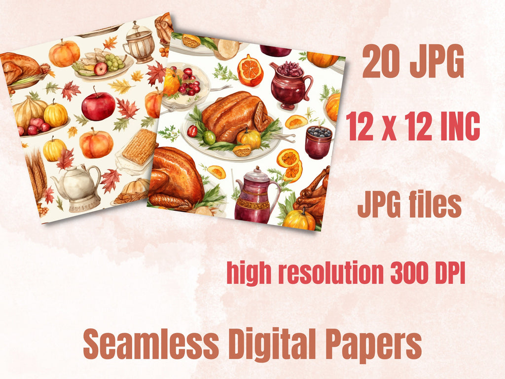 Seamless Watercolor Thanksgiving Digital Paper Pack, Pumpkin Harvest Seamless Pattern, Rustic Autumn Background, Cozy Fall Scrapbook Papers