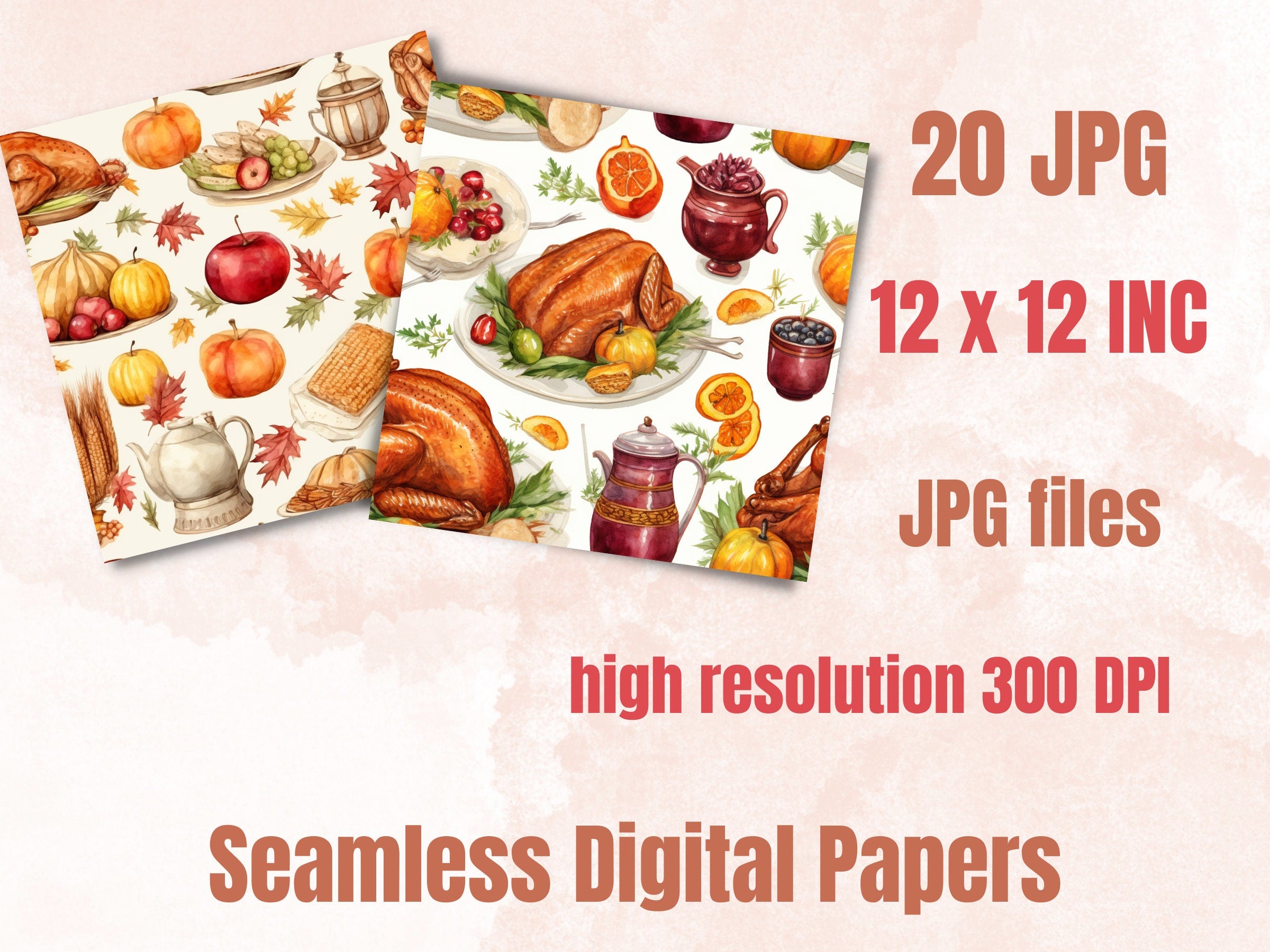 Seamless Watercolor Thanksgiving Digital Paper Pack, Pumpkin Harvest Seamless Pattern, Rustic Autumn Background, Cozy Fall Scrapbook Papers