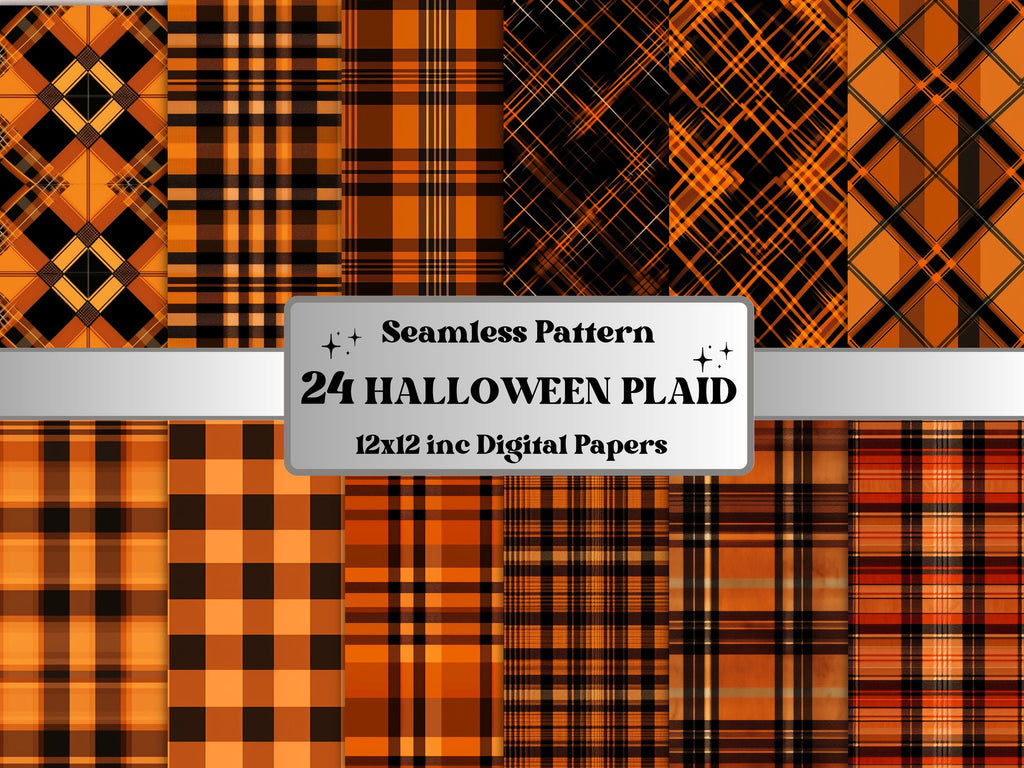 Seamless Halloween Plaid Digital Paper Pack, Fall Buffalo Plaid Seamless Pattern, Halloween Tartan Textures Background, Scrapbook Papers