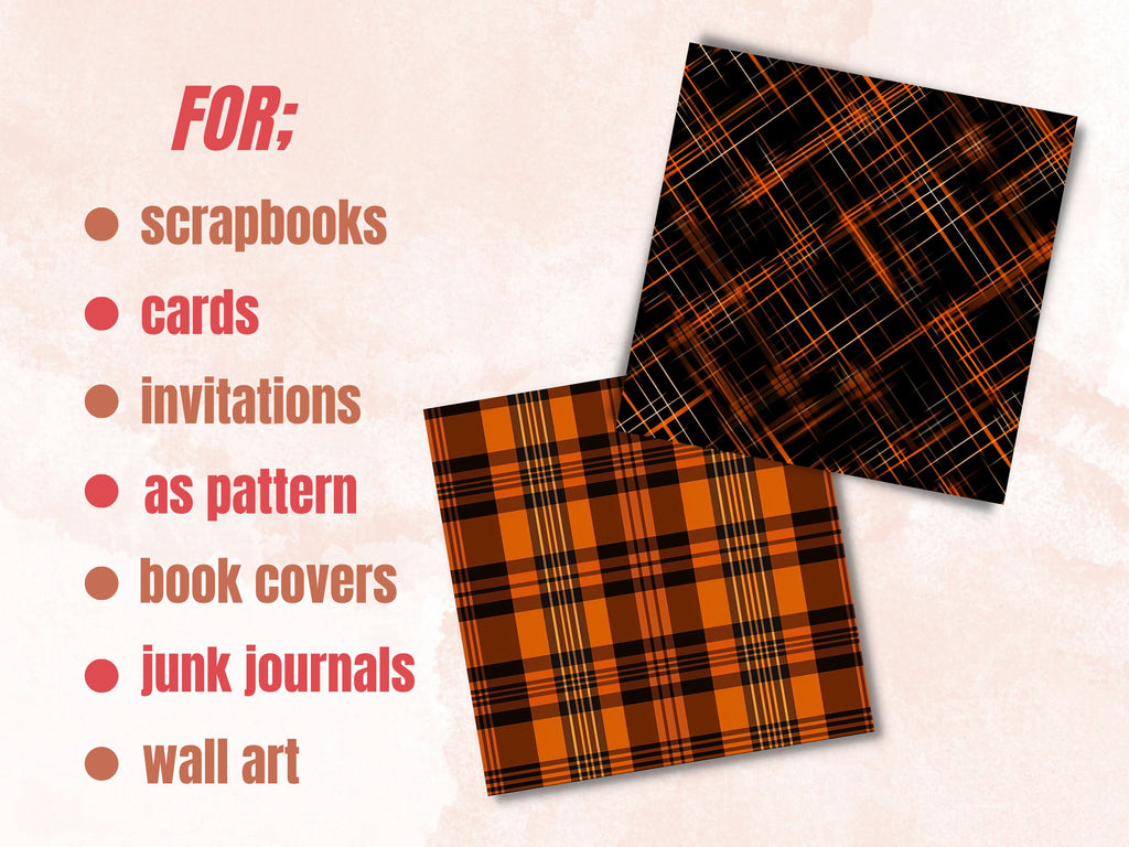 Seamless Halloween Plaid Digital Paper Pack, Fall Buffalo Plaid Seamless Pattern, Halloween Tartan Textures Background, Scrapbook Papers