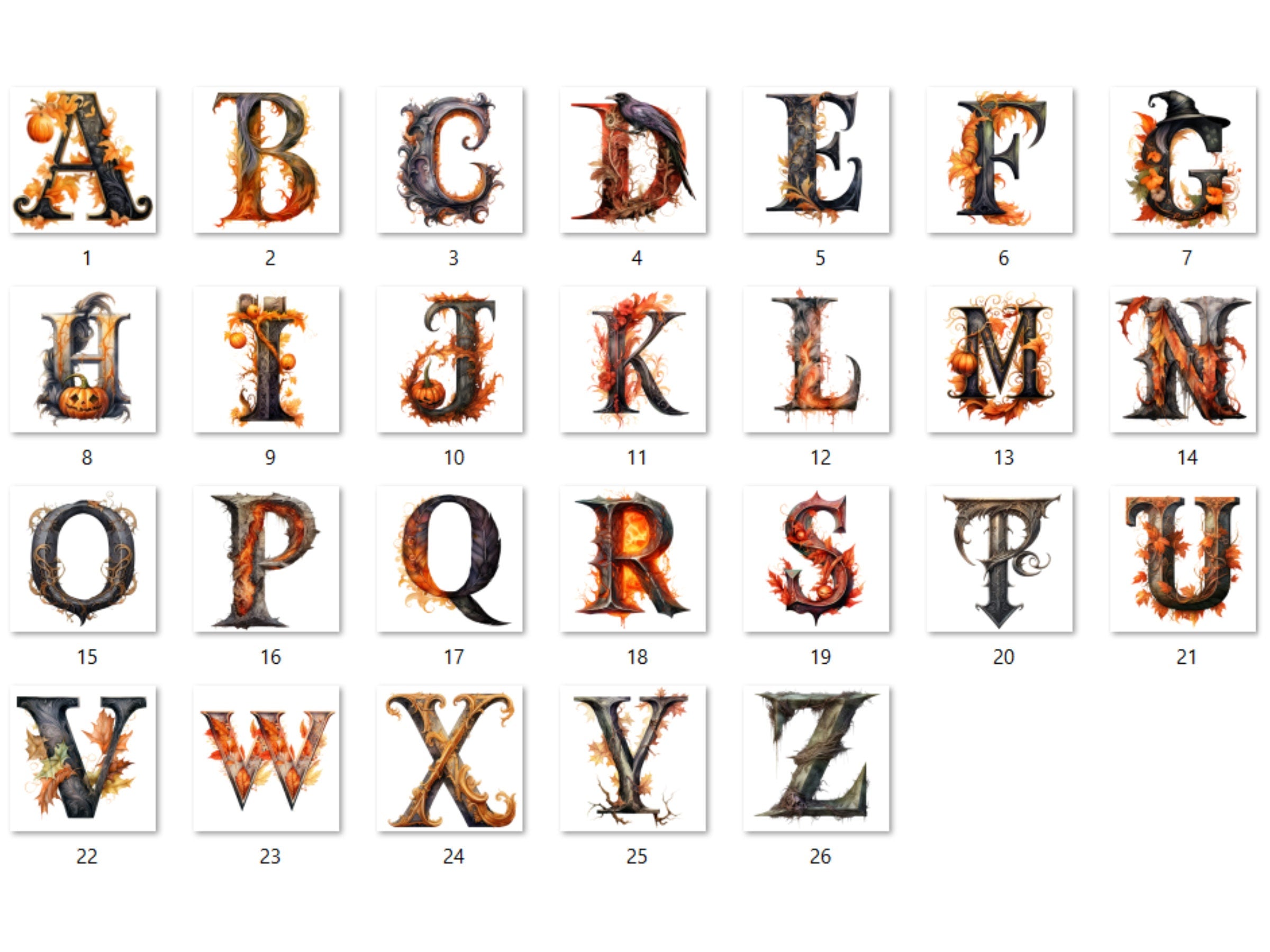 26 PNG Watercolor Halloween Alphabet Clipart, Gothic Letters Illustration Clip art, Dark Fantasy Alphabet png, Creepy Typography Sublimation