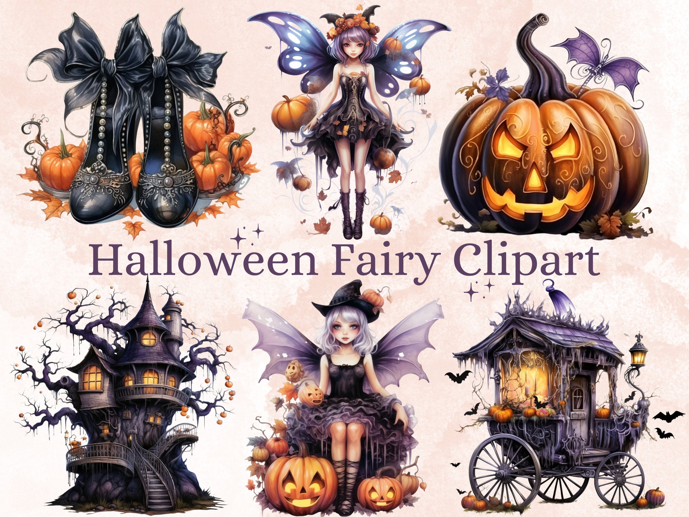 33 PNG Watercolour Halloween Fairy Clipart, Pumpkin Forest Fairy Illustrations Clip art, Dark Fantasy png, Fairytale Halloween Sublimation