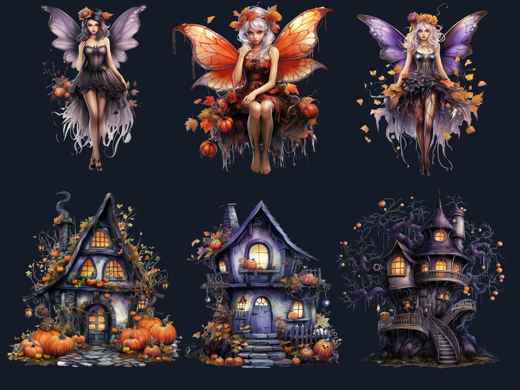 33 PNG Watercolour Halloween Fairy Clipart, Pumpkin Forest Fairy Illustrations Clip art, Dark Fantasy png, Fairytale Halloween Sublimation