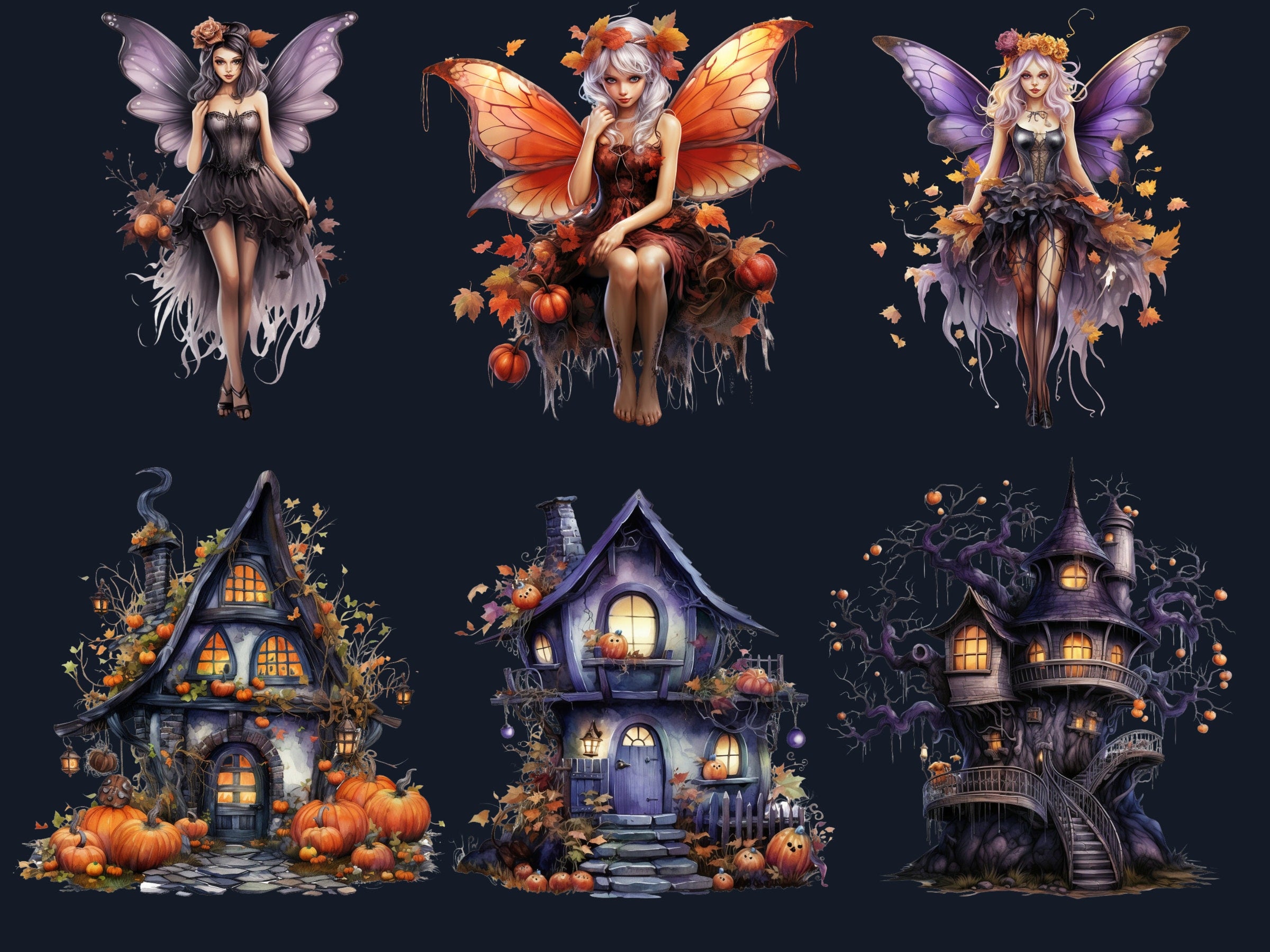 33 PNG Watercolour Halloween Fairy Clipart, Pumpkin Forest Fairy Illustrations Clip art, Dark Fantasy png, Fairytale Halloween Sublimation