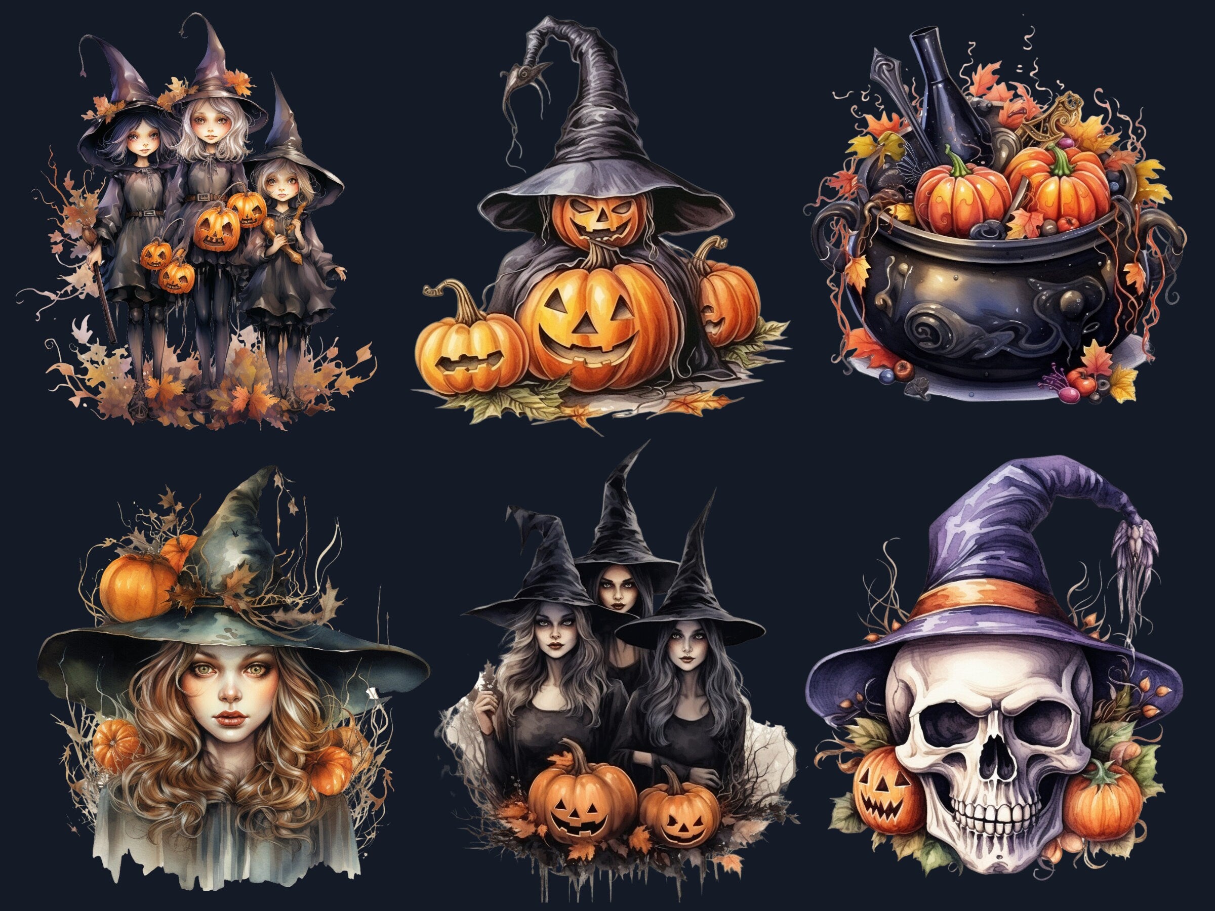 45 PNG Watercolour Halloween Witch Clipart, Pumpkin Witch Sisters Illustrations Clip art, Hocu Pocu png, Halloween Three Witches Sublimation