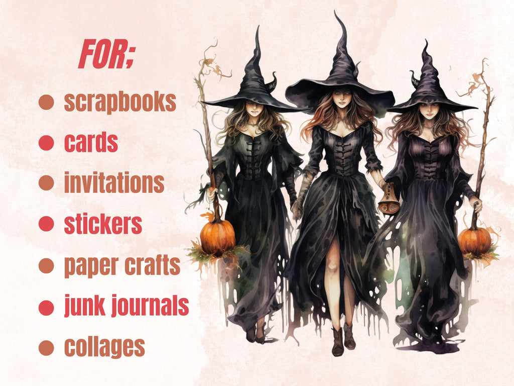 45 PNG Watercolour Halloween Witch Clipart, Pumpkin Witch Sisters Illustrations Clip art, Hocu Pocu png, Halloween Three Witches Sublimation