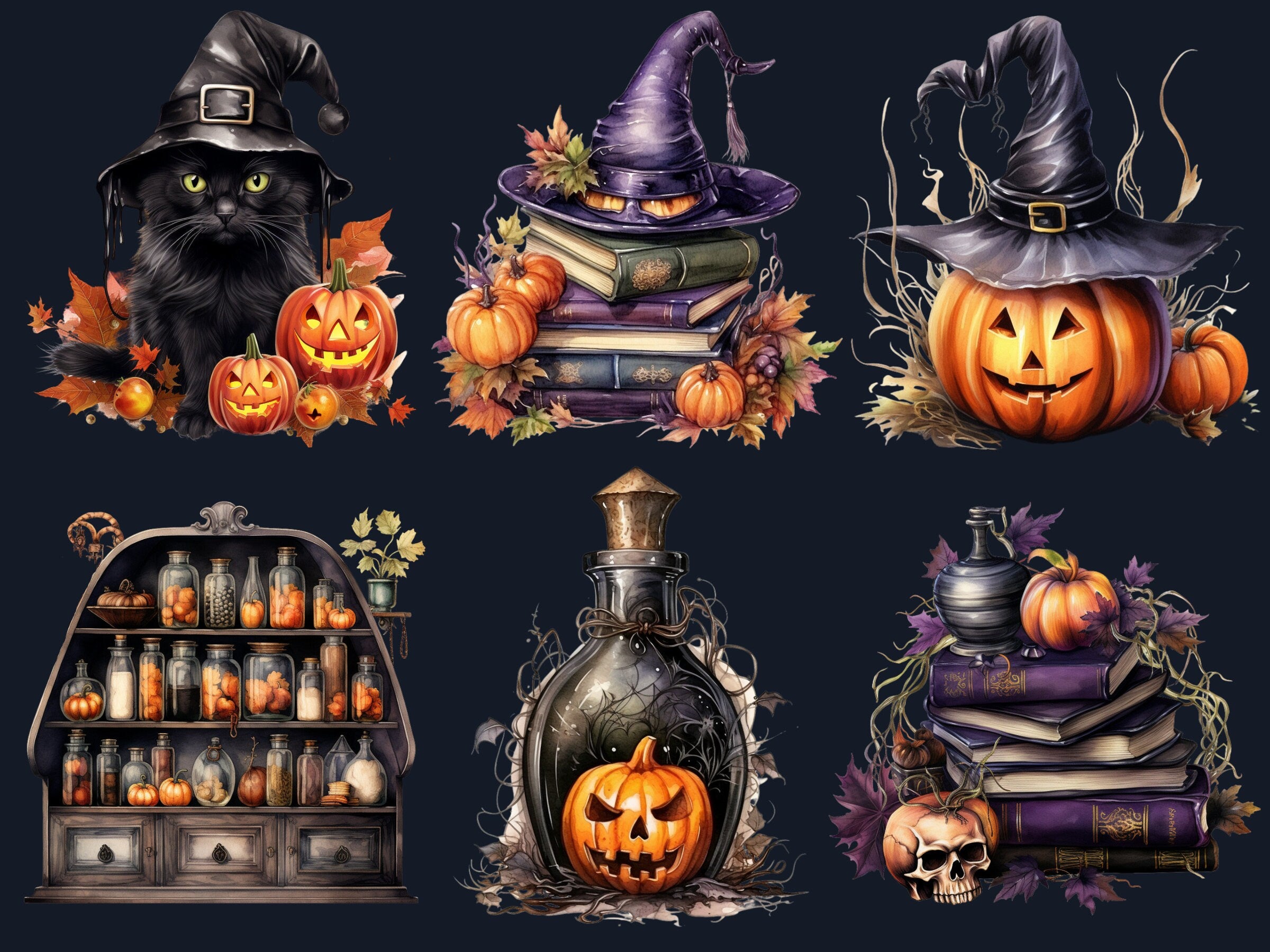 45 PNG Watercolour Halloween Witch Clipart, Pumpkin Witch Sisters Illustrations Clip art, Hocu Pocu png, Halloween Three Witches Sublimation