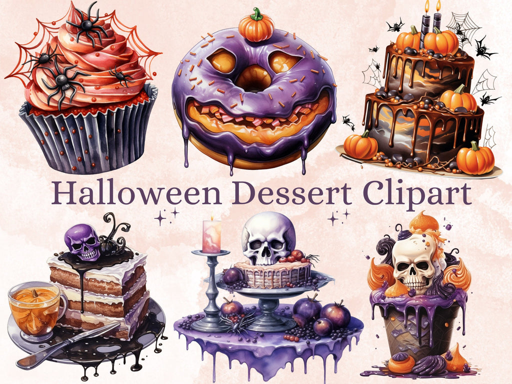 45 PNG Watercolour Halloween Dessert Clipart, Spooky Pumpkin Spice Illustrations Clip art, Halloween Sweets png, Trick or Treat Sublimation