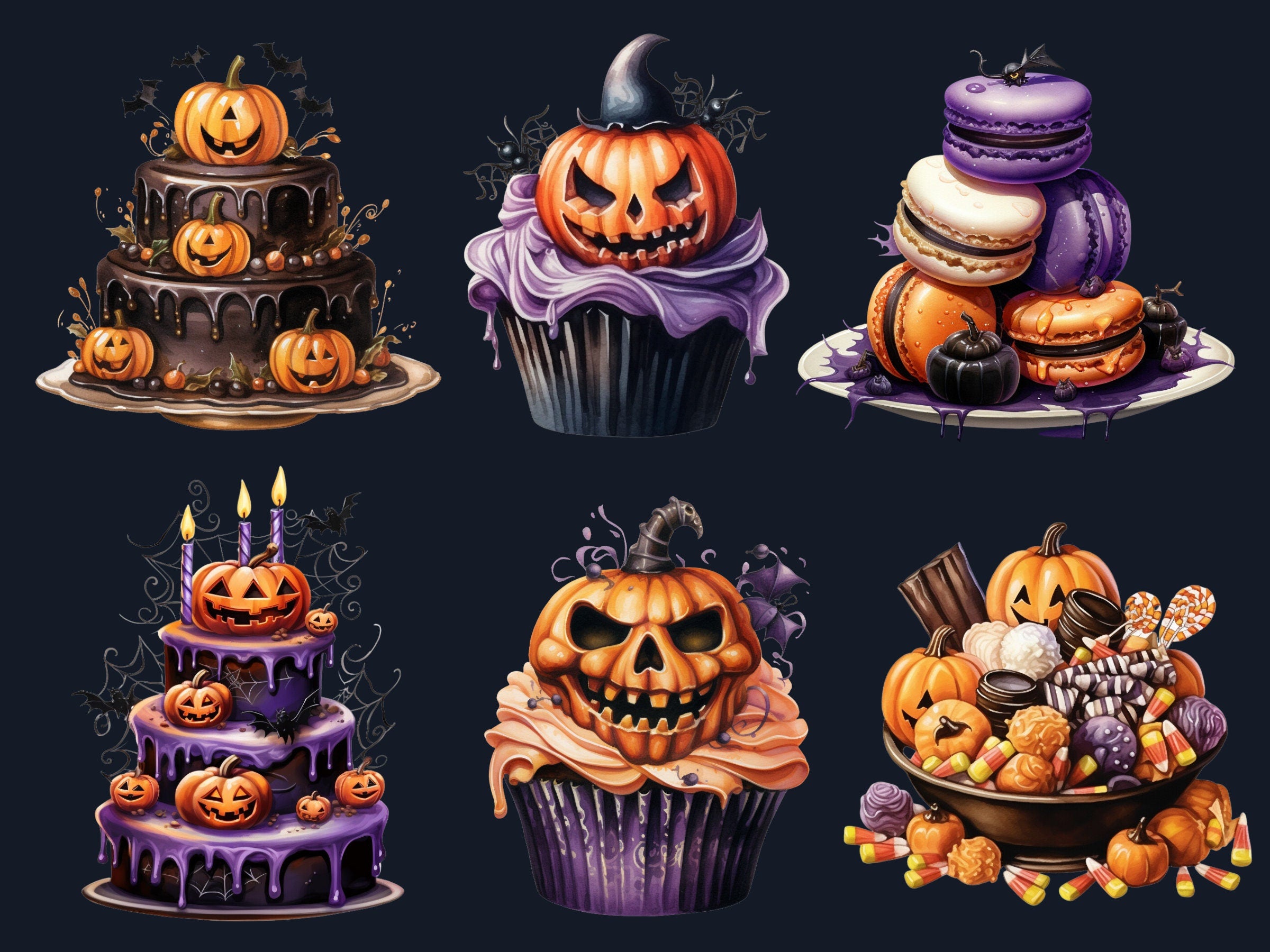 45 PNG Watercolour Halloween Dessert Clipart, Spooky Pumpkin Spice Illustrations Clip art, Halloween Sweets png, Trick or Treat Sublimation
